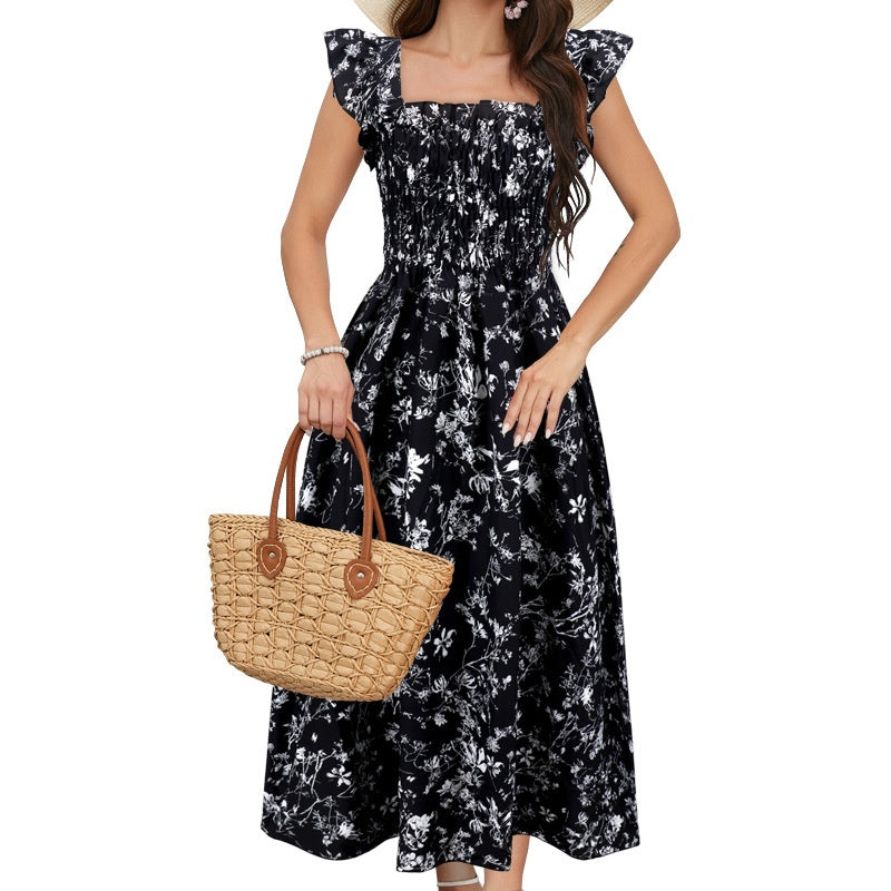 Printed Dress Square Collar A-line Long Dress