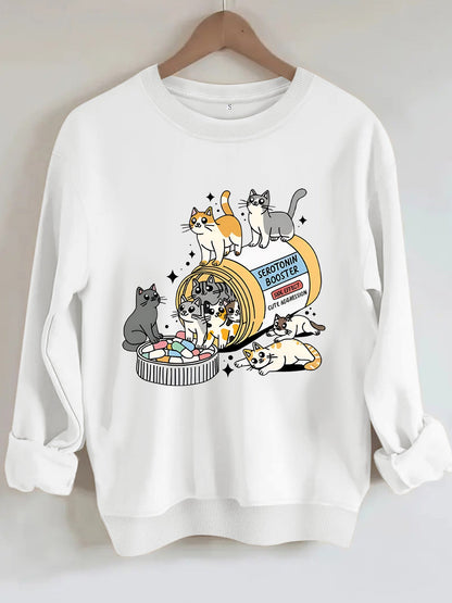 Cartoon cat lover printed round neck long sleeved sweatshirt