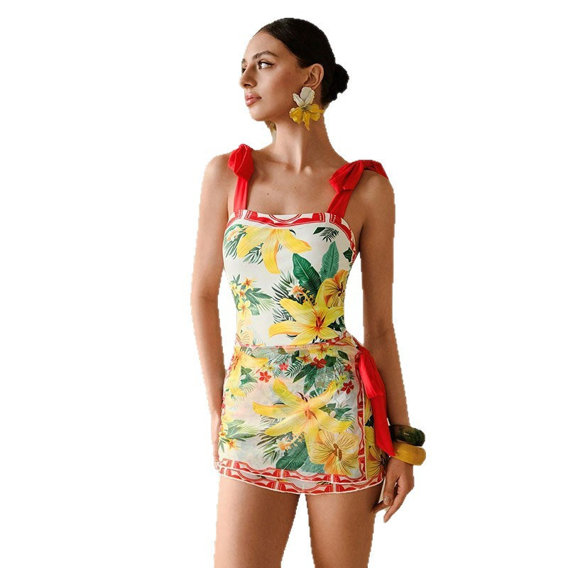 Linen Printed Halter One-Piece Swimsuit for Women