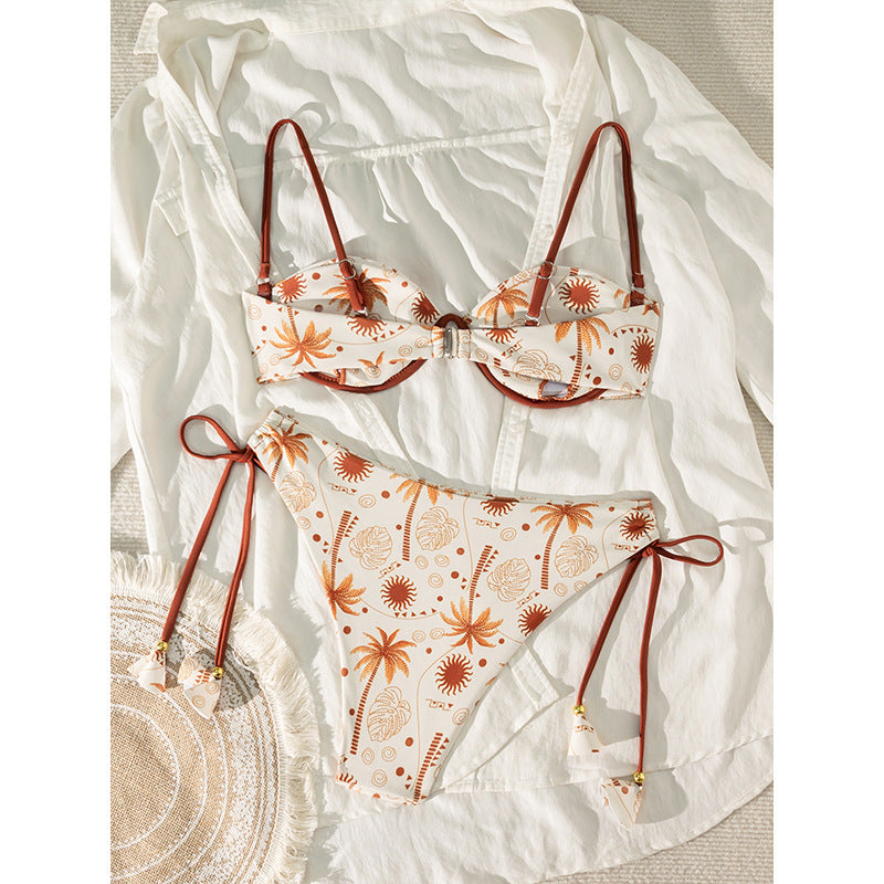 Coconut Tree Print Two-Piece Swimwear for Women, Sexy Tie-up Bikini for Beach and Hot Spring