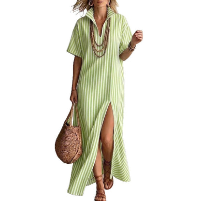V-neck short sleeved striped split cotton linen dress