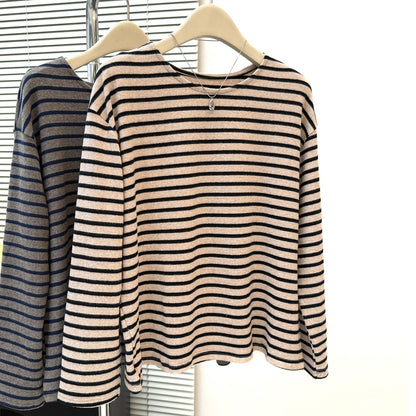 Style Brushed Long Sleeve T-Shirt for Women Plus Size Loose FitInner Wear or Outer Wear Striped
