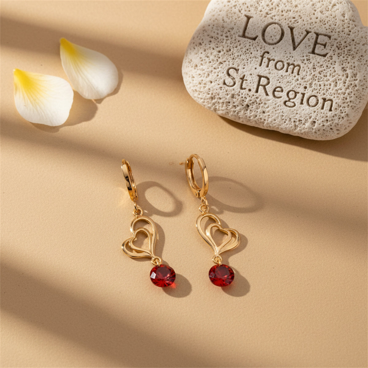 Red Cubic Zirconia & Goldtone Open Heart Drop Earrings