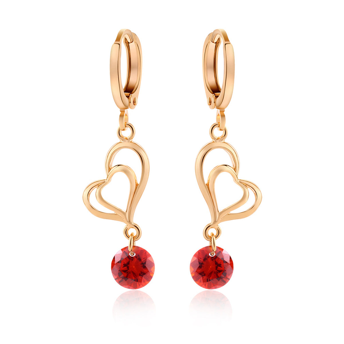 Red Cubic Zirconia & Goldtone Open Heart Drop Earrings