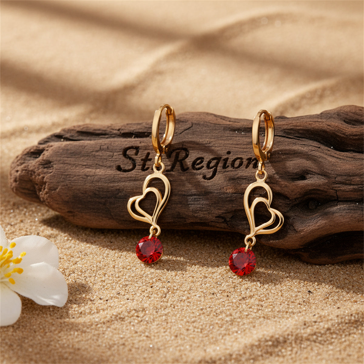 Red Cubic Zirconia & Goldtone Open Heart Drop Earrings