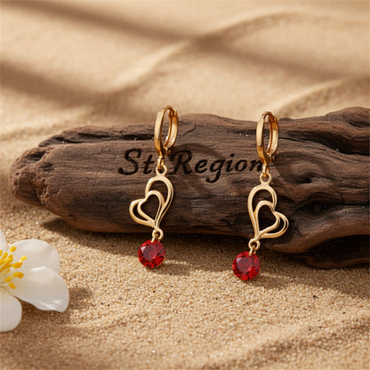 Red Cubic Zirconia & Goldtone Open Heart Drop Earrings
