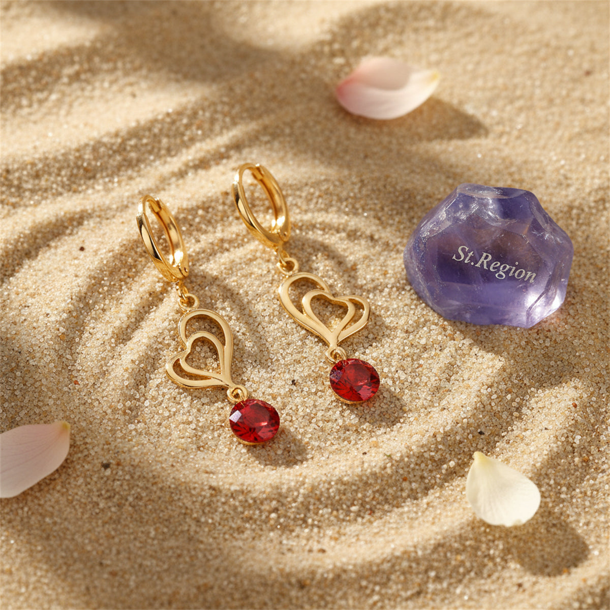 Red Cubic Zirconia & Goldtone Open Heart Drop Earrings