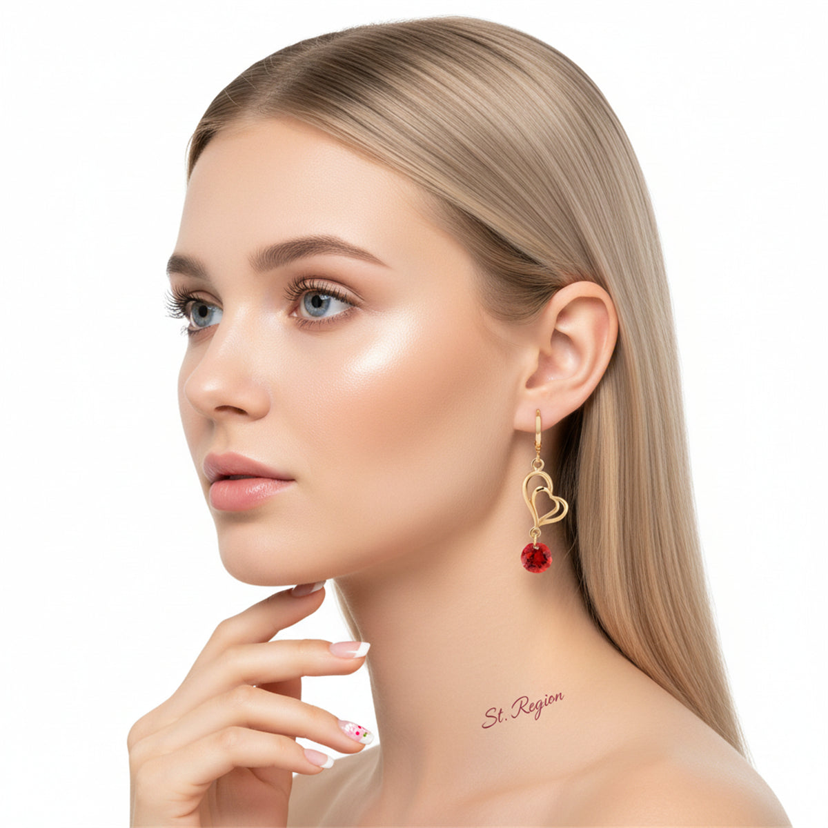 Red Cubic Zirconia & Goldtone Open Heart Drop Earrings