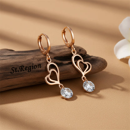 Clear Cubic Zirconia & Goldtone Open Heart Drop Earrings