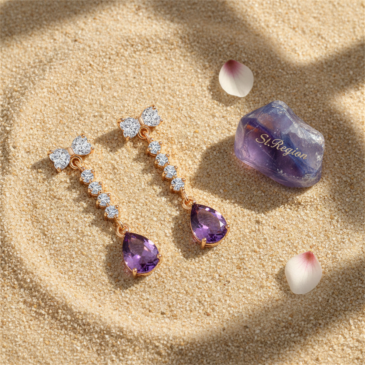 Purple Crystal & Cubic Zirconia Bow Drop Earrings