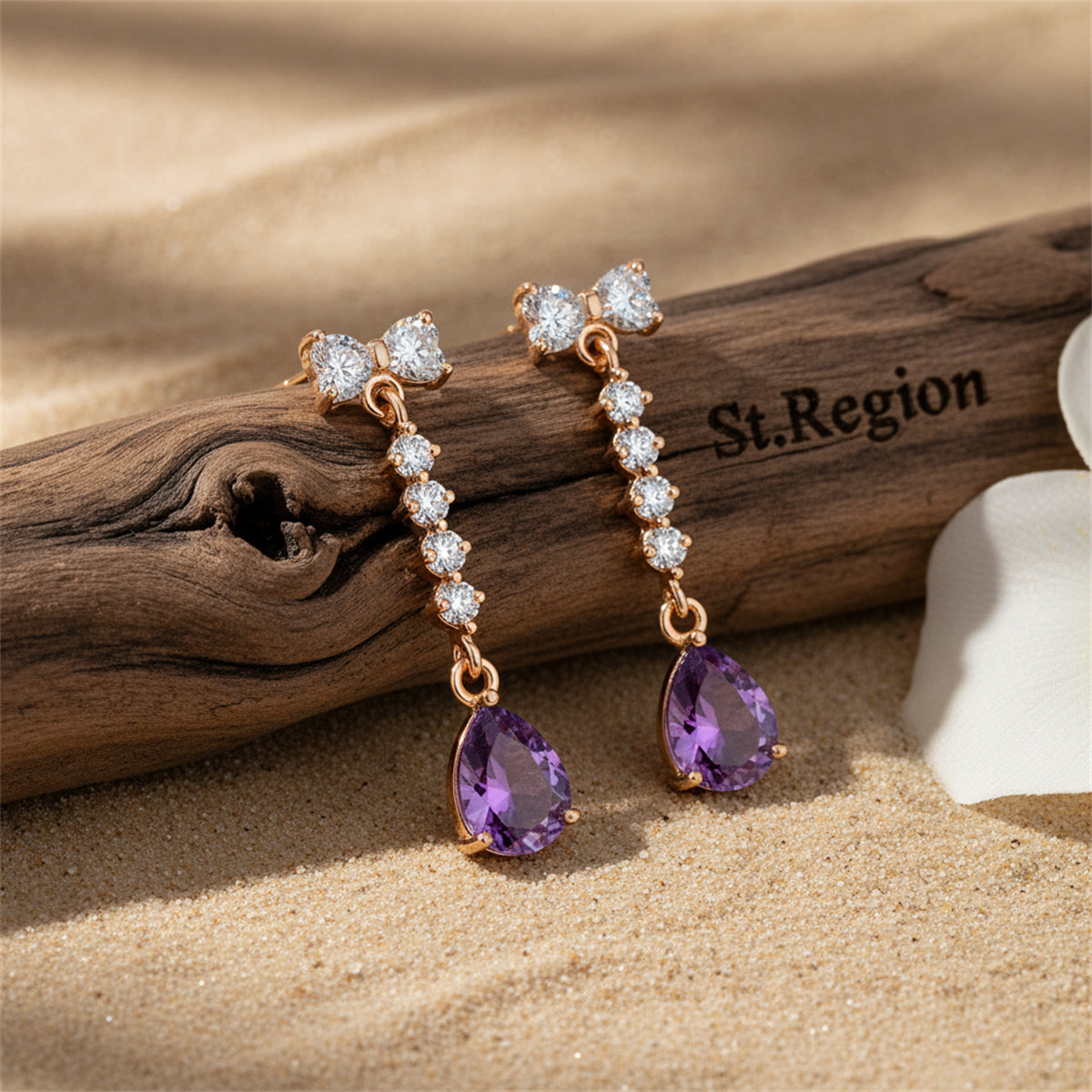 Purple Crystal & Cubic Zirconia Bow Drop Earrings