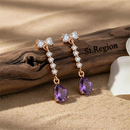 Purple Crystal & Cubic Zirconia Bow Drop Earrings