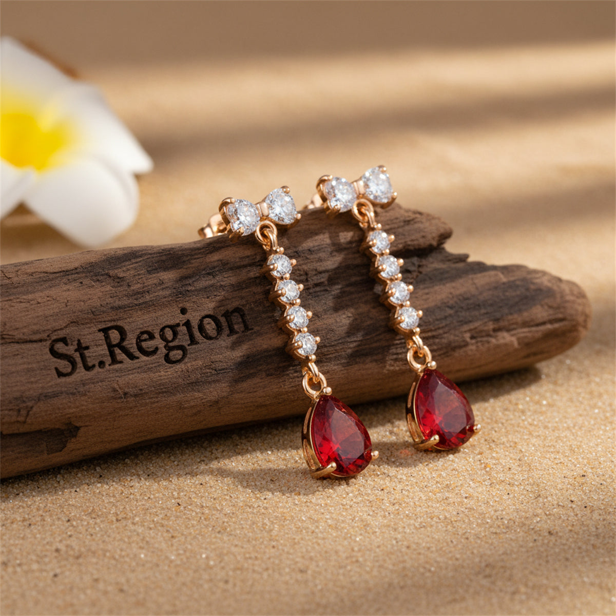Red Crystal & Cubic Zirconia Bow Drop Earrings