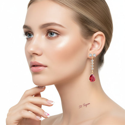 Red Crystal & Cubic Zirconia Bow Drop Earrings