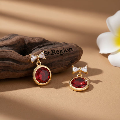 Red Crystal & Goldtone Bow Drop Earrings