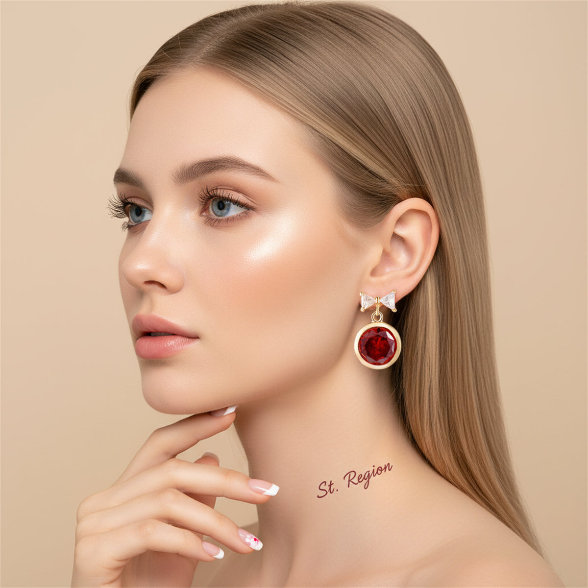 Red Crystal & Goldtone Bow Drop Earrings