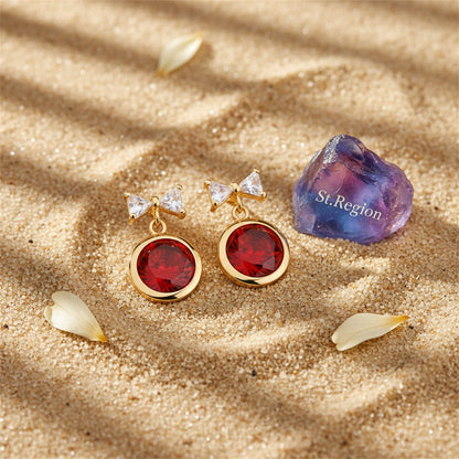Red Crystal & Goldtone Bow Drop Earrings
