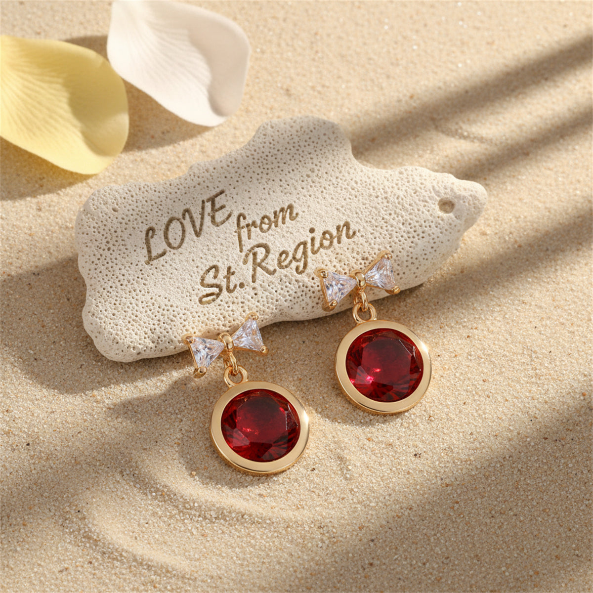 Red Crystal & Goldtone Bow Drop Earrings