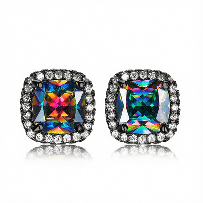 Colored Princess Crystal & Blacktone Halo Stud Earrings