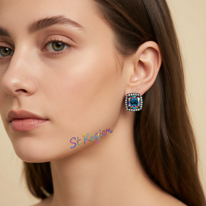Colored Princess Crystal & Blacktone Halo Stud Earrings