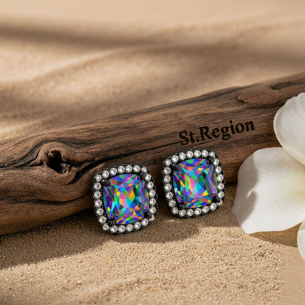 Colored Princess Crystal & Blacktone Halo Stud Earrings