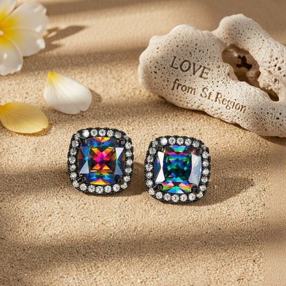 Colored Princess Crystal & Blacktone Halo Stud Earrings