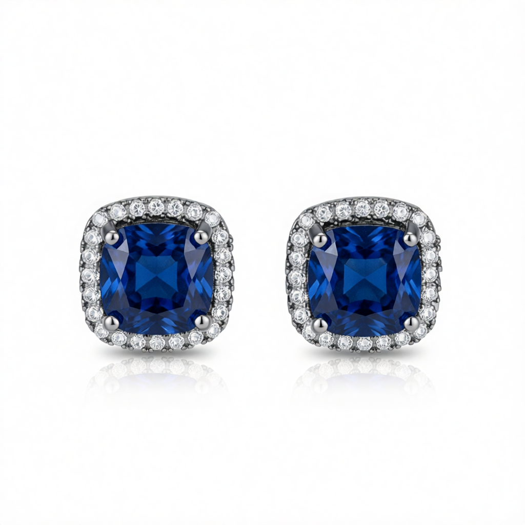 Navy Princess Crystal & Blacktone Halo Stud Earrings