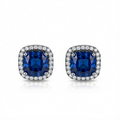 Navy Princess Crystal & Blacktone Halo Stud Earrings