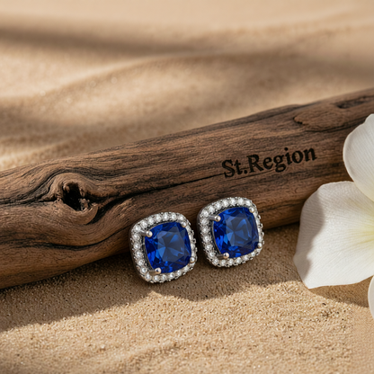 Navy Princess Crystal & Blacktone Halo Stud Earrings