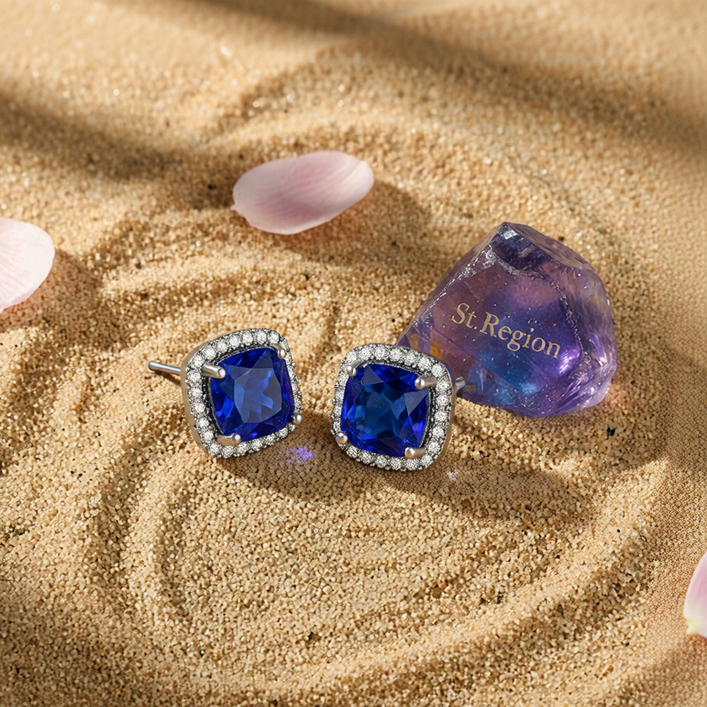 Navy Princess Crystal & Blacktone Halo Stud Earrings