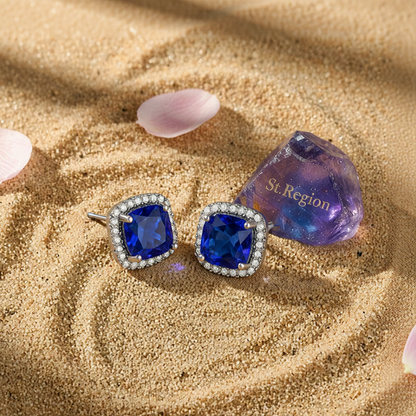Navy Princess Crystal & Blacktone Halo Stud Earrings