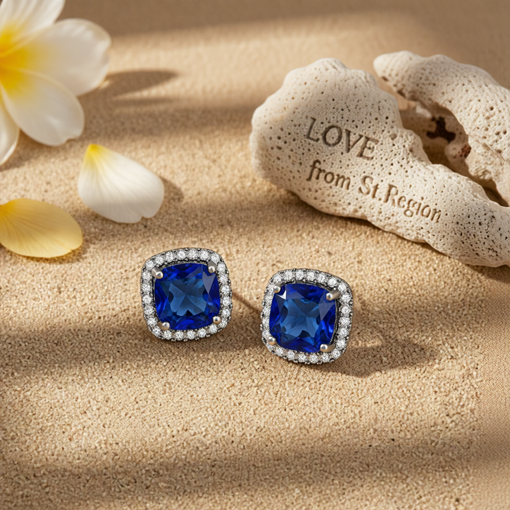 Navy Princess Crystal & Blacktone Halo Stud Earrings