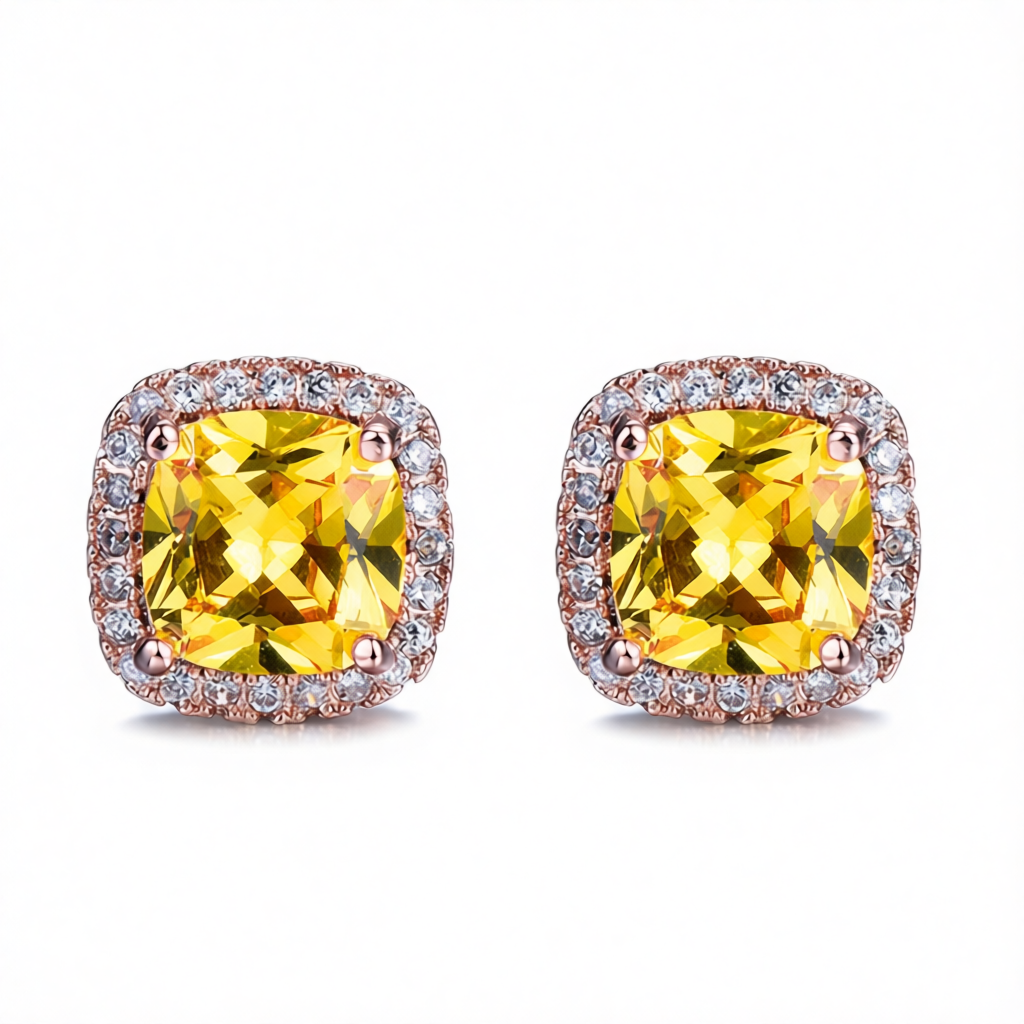 Yellow Princess Crystal & Rose Goldtone Halo Stud Earrings