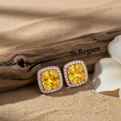 Yellow Princess Crystal & Rose Goldtone Halo Stud Earrings