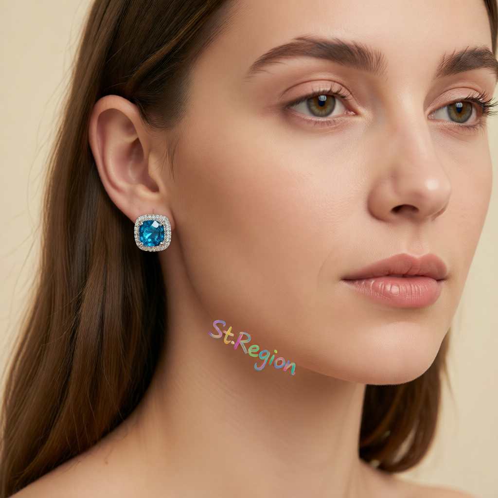 Light Blue Princess Crystal & Silvertone Halo Stud Earrings