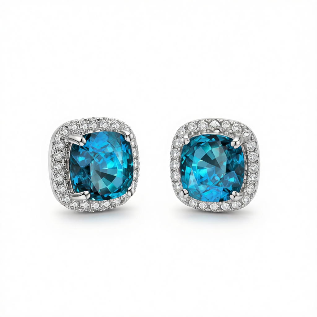 Light Blue Princess Crystal & Silvertone Halo Stud Earrings