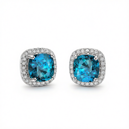Light Blue Princess Crystal & Silvertone Halo Stud Earrings