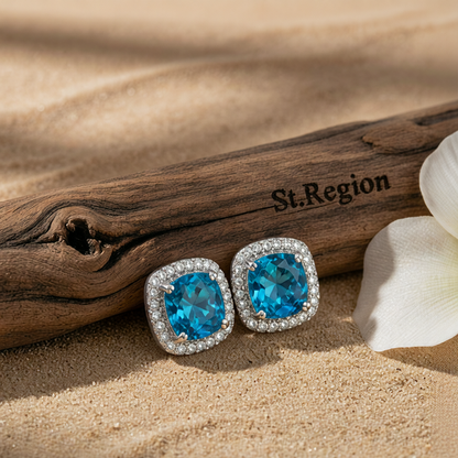 Light Blue Princess Crystal & Silvertone Halo Stud Earrings