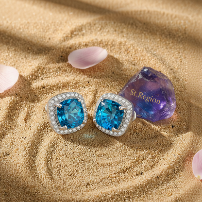 Light Blue Princess Crystal & Silvertone Halo Stud Earrings