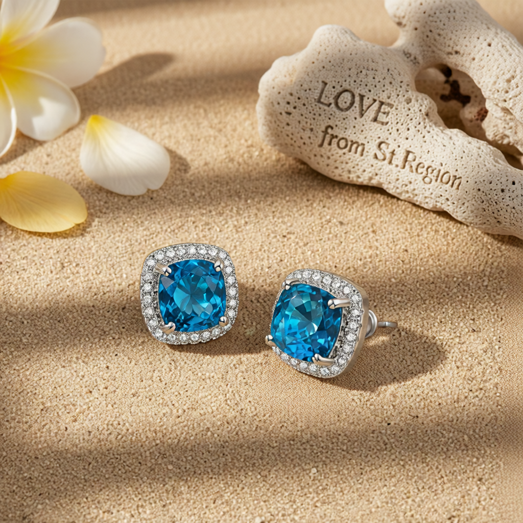 Light Blue Princess Crystal & Silvertone Halo Stud Earrings