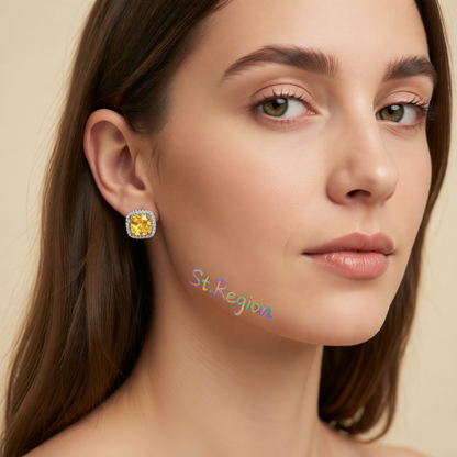 Yellow Princess Crystal & Silvertone Halo Stud Earrings