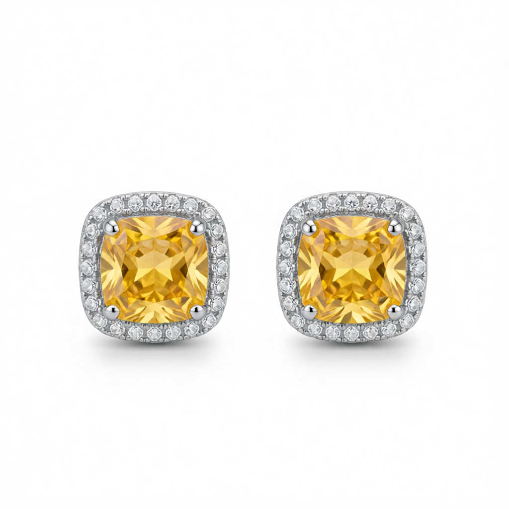 Yellow Princess Crystal & Silvertone Halo Stud Earrings