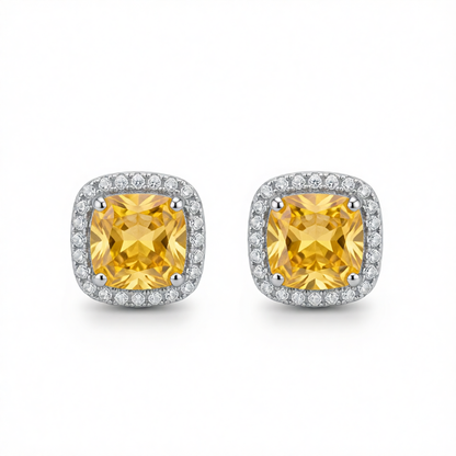 Yellow Princess Crystal & Silvertone Halo Stud Earrings