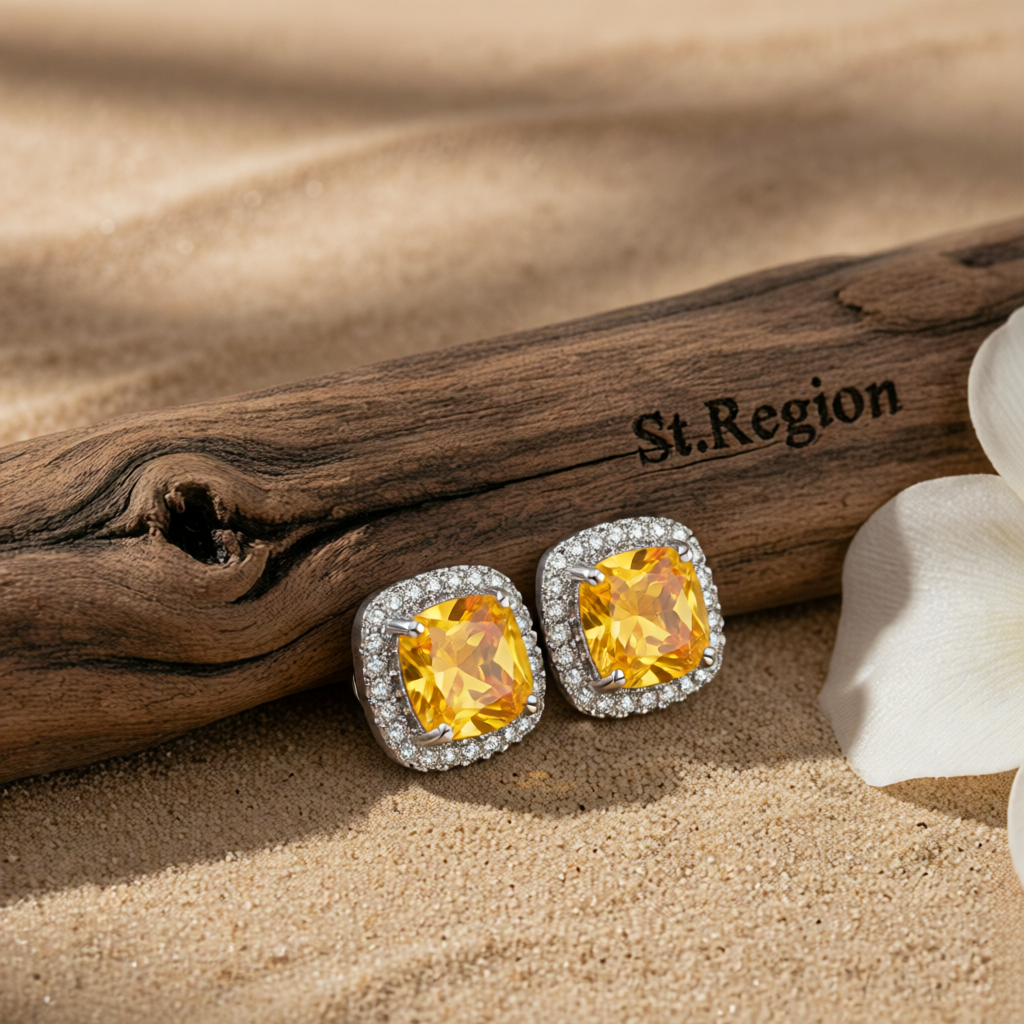 Yellow Princess Crystal & Silvertone Halo Stud Earrings