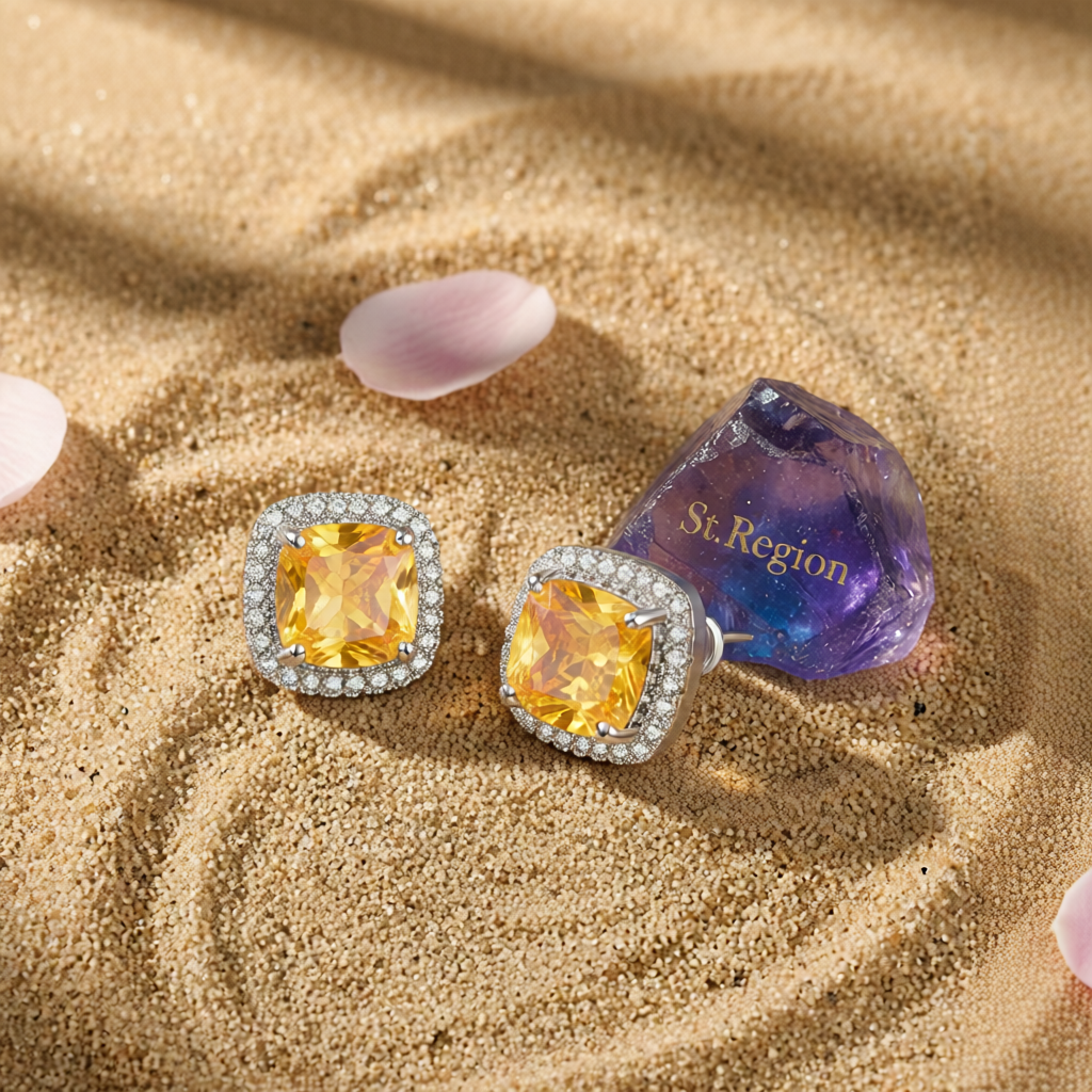 Yellow Princess Crystal & Silvertone Halo Stud Earrings
