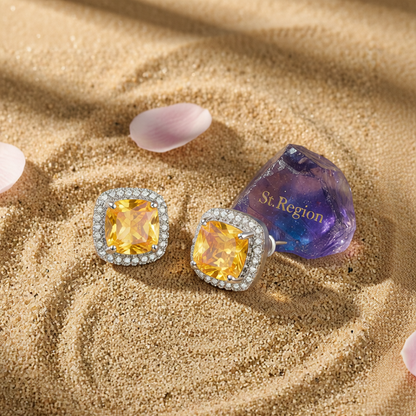 Yellow Princess Crystal & Silvertone Halo Stud Earrings