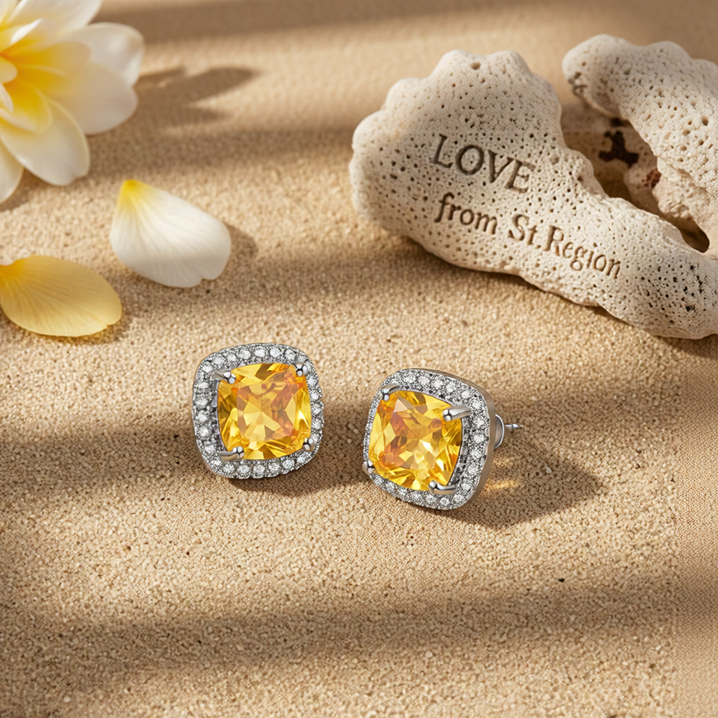 Yellow Princess Crystal & Silvertone Halo Stud Earrings