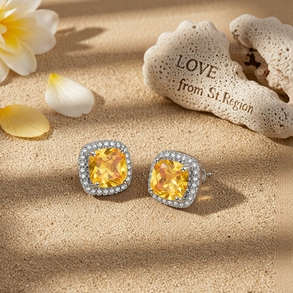 Yellow Princess Crystal & Silvertone Halo Stud Earrings