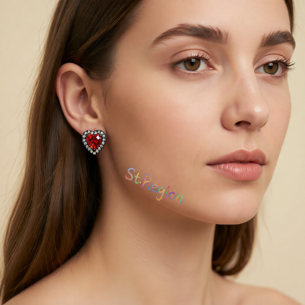 Red Crystal & Cubic Zirconia Blacktone Halo Heart Stud Earrings