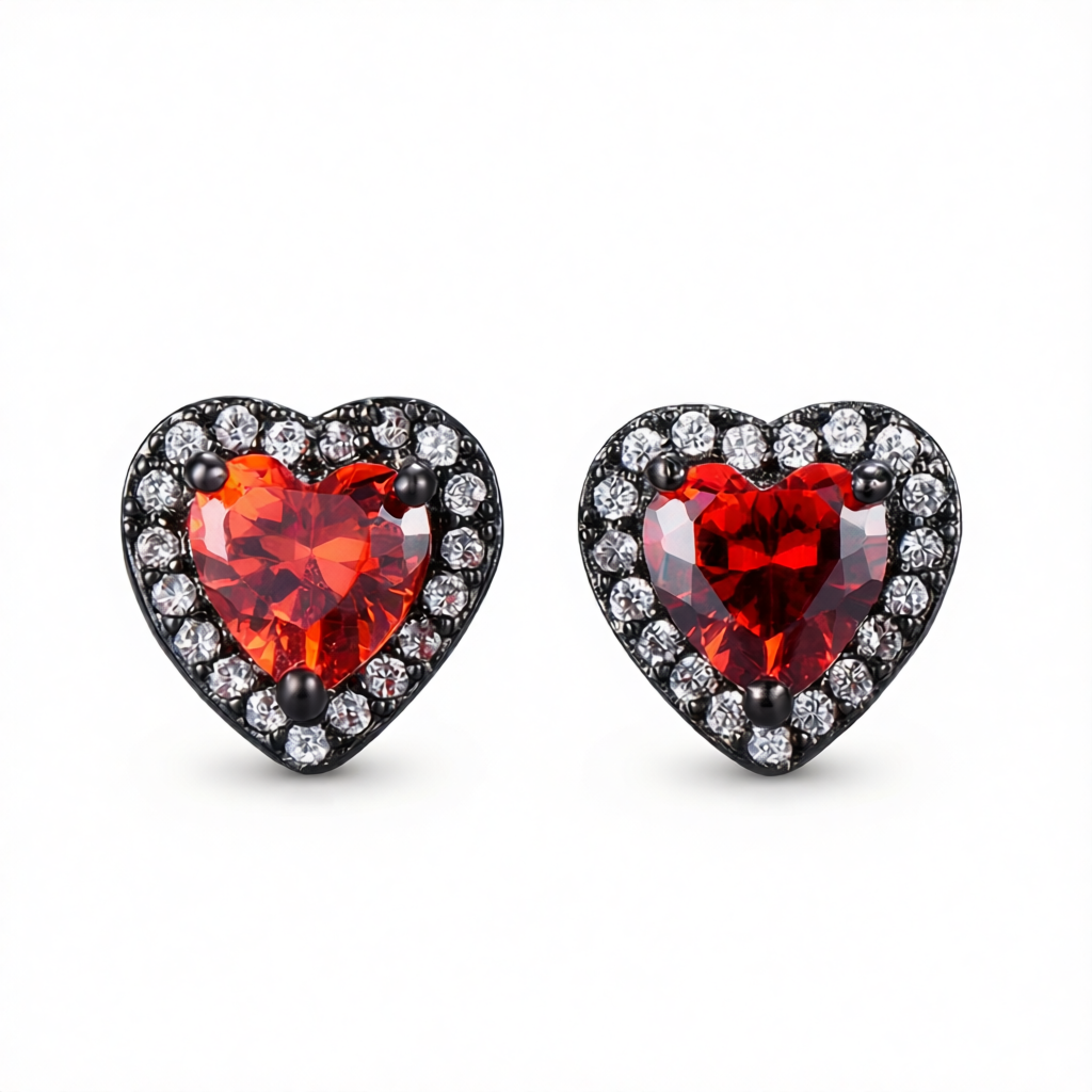 Red Crystal & Cubic Zirconia Blacktone Halo Heart Stud Earrings